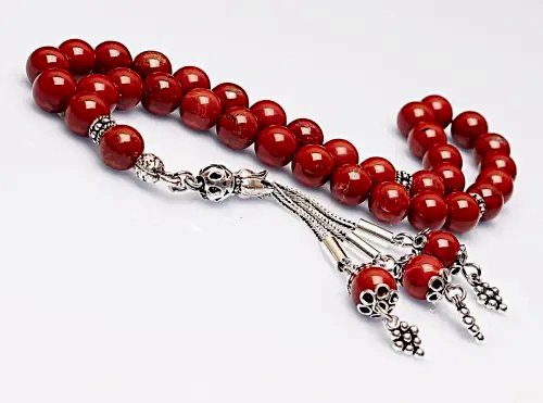 Gerçek Jasper Taşı Tesbih-Küre Kesim Tesbih-Gümüş Malzemeli Tesbih-33'lük Tesbih-Orijinal Doğal Taş Tesbih - 1