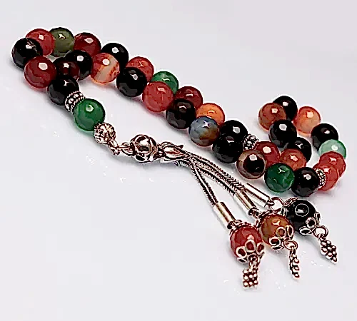 Gerçek Karışık Akik Taşı Tesbih-Faset Kesim Tesbih-Gümüş Malzemeli Tesbih-33'lük Tesbih-Orijinal Doğal Taş Tesbih - ihvanonline (1)