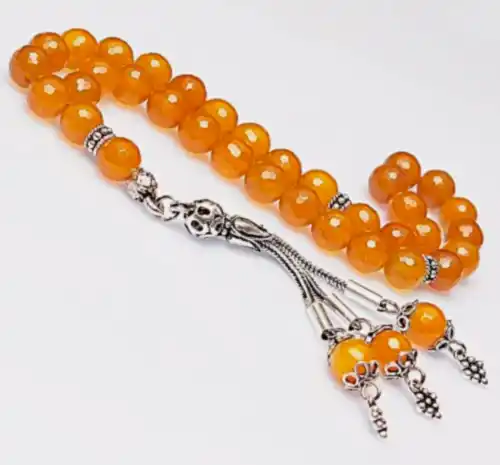 Gerçek Sarı Akik Taşı Tesbih-Faset Kesim Tesbih-Gümüş Malzemeli Tesbih-33'lük Tesbih-Orijinal Doğal Taş Tesbih - 1