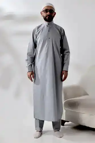 Gri Çınar Dagron Kumaş Erkek Hac Umre Kıyafeti Fistan Takımı - 1