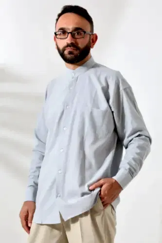 Gri Erkek Bol Kesim Tek Cepli Hakim Yaka Hac ve Umre Keten Gömlek 