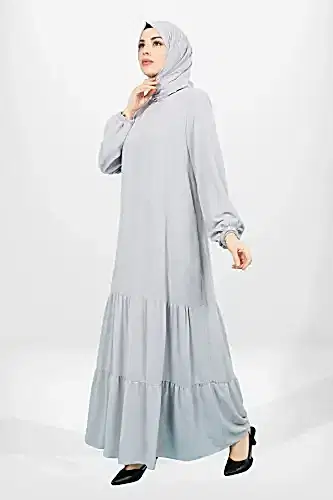 Gri Eteği İki Kat Fırfırlı Astarlı Şifon Tesettür Elbise 5601-25 - 1