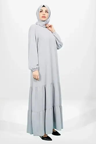 Gri Eteği İki Kat Fırfırlı Astarlı Şifon Tesettür Elbise 5601-25 - Beyza (1)