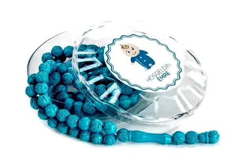 Gül Kokulu Tesbih - Erkek Çocuğuna Özel - İsim Baskılı - Mavi / Beyaz Renk - Bebek Mevlidi Hediyeliği 