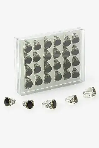 Hac Umre Hediyelik 24 Adet Osmanlı Tuğralı Oval Koyu Erkek Yüzük 