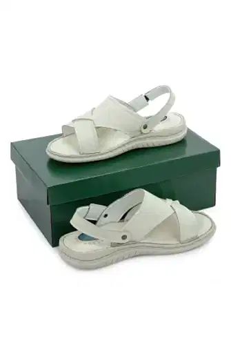 Hakiki Deri Ortopedik Topuk Jelli Erkek Sandalet Terlik - Hac Umre Günlük Rahat Taban Sandalet - Krem - ihvanonline (1)