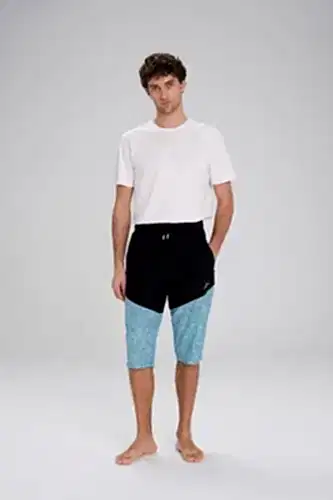 Haşema Desenli Fermuarlı Cepli Uzun Erkek Havuz ve Deniz Şortu 2420-25 Siyah Mavi - Haşema (1)