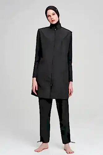 Haşema Dokuma 5 Parça Büyük Beden Tam Tesettür Mayo Takımı Siyah 6027 - 1