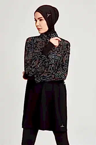 Haşema Esila Desenli Tam Kapalı Tesettür Mayo HSM-2934 Siyah-Yeşil - Haşema (1)