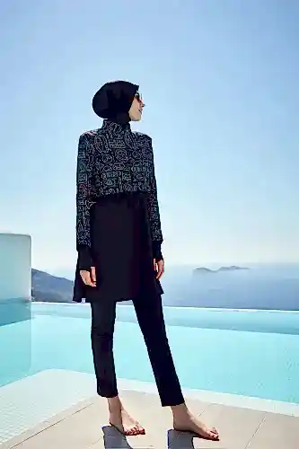 Haşema Esila Desenli Tam Kapalı Tesettür Mayo HSM-2934 Siyah-Yeşil 