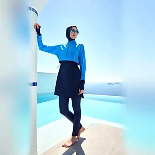 Haşema Esila Monogram Desenli Lacivert Tam Kapalı Tesettür Mayo Takımı 