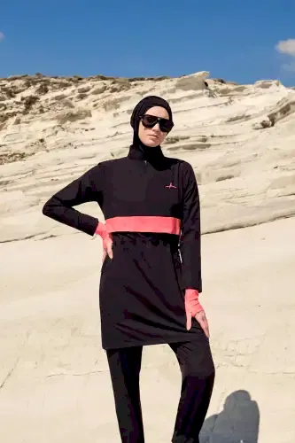 Haşema Esila Şerit Monogram Siyah Turuncu Tam Kapalı Tesettür Mayo HSM2934 