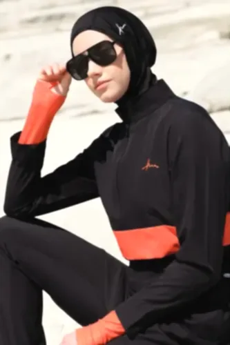 Haşema Esila Şerit Monogram Siyah Turuncu Tam Kapalı Tesettür Mayo HSM2934 - Haşema (1)