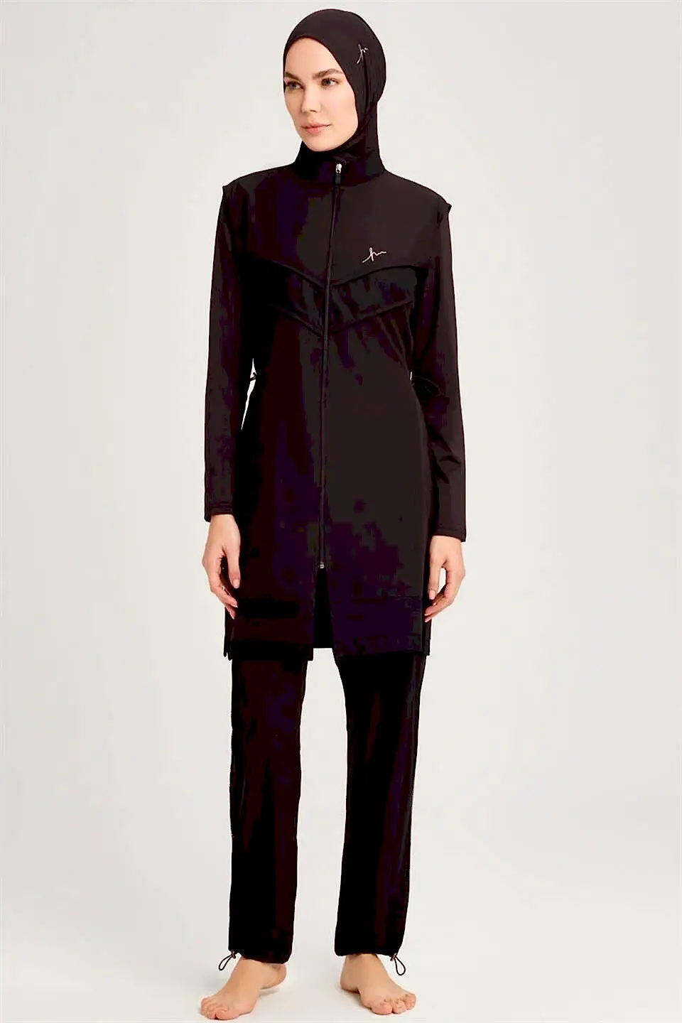 Haşema File Detaylı Esnek Dokuma 6 Parça Tam Kapalı Tesettür Mayo Takımı H-2853 Siyah - 1