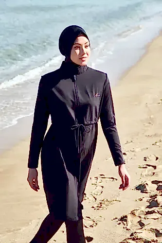 Haşema Gold Nakış Detaylı Siyah Jileli 4 Parça Tam Kapalı Tesettür Mayo Takımı - 1