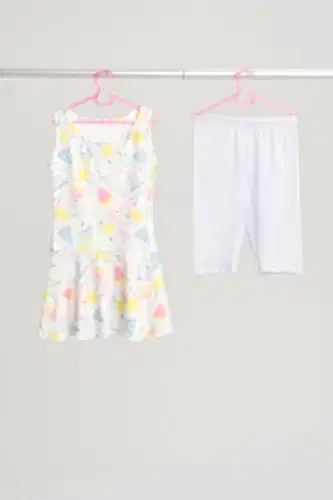 Haşema Gülce Sıfır Kol Etekli Sarı Lila Kız Çocuk Mayo Takımı HSM-3045 