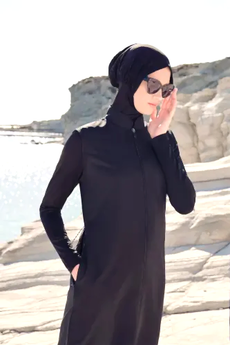 Haşema Tam Boy Siyah Jileli 4 Parça Tam Kapalı Tesettür Mayo Takımı H-6021-23 - 1