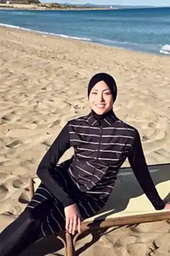 Haşema Çise N-6083 Çizgili Siyah Jileli 4 Parça Tam Kapalı Tesettür Mayo Takımı - Haşema (1)