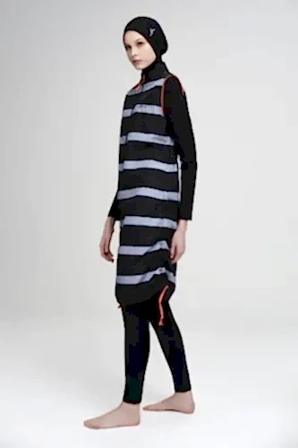 Haşema Turuncu Biyeli Siyah Jileli 4 Parça Tam Kapalı Tesettür Mayo Takımı H-2405 - Haşema (1)