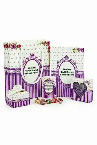 Hediyelik 5'li Mevlüt Seti İsme Özel Etiketli Çantalı Tesbihli, Magnetli, Yasin Kitabı - Mor - 1