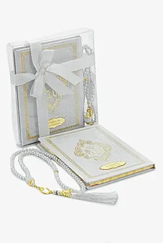 Hediyelik İsme Özel Kabartmalı Yaldızlı Deri Ciltli Yasini Şerif Kitabı - Çanta Boy – 128 Sayfa - Beyaz - 1