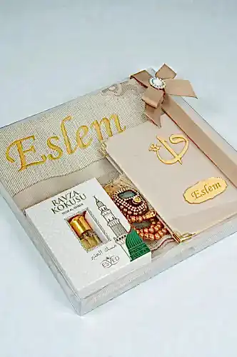 Hediyelik Kişiye Özel İsimli Seccade Seti - Yasin Kitabı, Tesbih, Zikirmatik, Esans - Gold - ihvanonline (1)