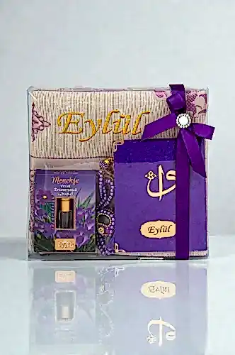 Hediyelik Kişiye Özel İsimli Seccade Seti - Yasin Kitabı, Tesbih, Zikirmatik, Esans - Mor 