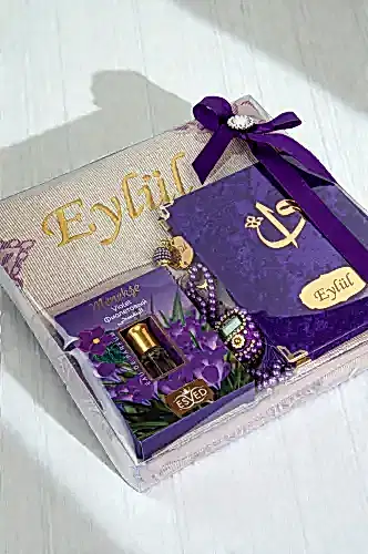 Hediyelik Kişiye Özel İsimli Seccade Seti - Yasin Kitabı, Tesbih, Zikirmatik, Esans - Mor - ihvanonline (1)