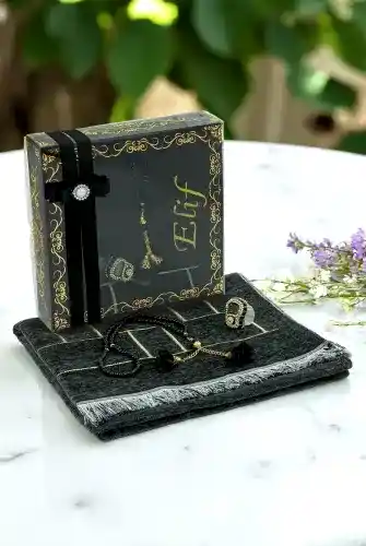 Hediyelik Kutulu Kişiye Özel Tesbih Zikirmatik İsimli Seccade Seti Siyah - 1