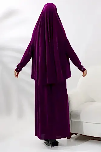 İki Parça İncili Taşlı Alt Üst Pratik Namaz Elbisesi 8017 Fuşya - ihvanonline (1)