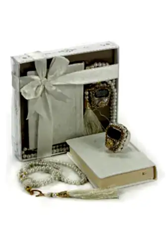 İnci Tesbih ve Zikirmatikli Krem Medine Hatlı Kuranı Kerim Seti Dini Hediyelik 