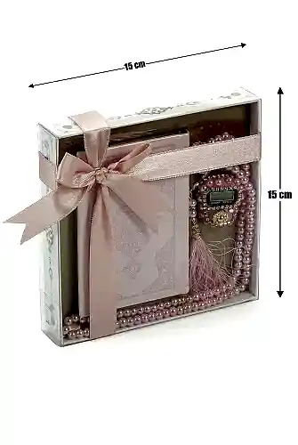 İnci Tesbih ve Zikirmatikli Pembe Medine Hatlı Kuranı Kerim Seti Dini Hediyelik - İhvan (1)