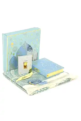 İngilizce Mealli Medine Hatlı Kuranı Kerim ve Seccade Seti Mavi 