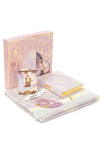 İngilizce Mealli Medine Hatlı Kuranı Kerim ve Seccade Seti Pembe 