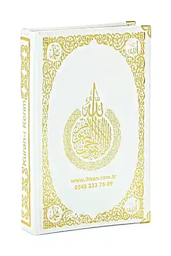 İsim Baskılı Ayet-el Kürsi Desenli Yaldızlı Deri Ciltli Orta Boy Kuranı Kerim Mevlüt Hediyesi Beyaz - ihvanonline (1)