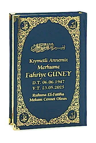 İsim Baskılı Ayet-el Kürsi Desenli Yaldızlı Deri Ciltli Orta Boy Kuranı Kerim Mevlüt Hediyesi Lacivert 