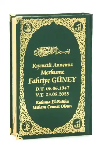 İsim Baskılı Ayet-el Kürsi Desenli Yaldızlı Deri Ciltli Türkçe Mealli Orta Boy Kuranı Kerim Mevlüt Hediyesi Yeşil 