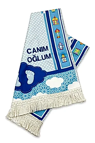 İsme Özel Desenli Dijital Baskılı Çocuk Seccadesi Mavi - İhvan (1)