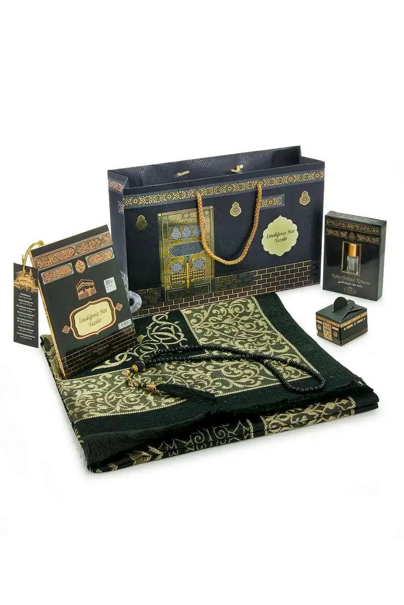 İsme Özel Kabe Desenli Çantalı İsimli Yasin Kitabı, Tesbih, Esans ve Seccade Seti Siyah - 4