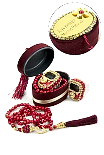 İsme Özel Kadife Kutusunda Zikirmatik ve İnci Tesbihli Mevlüt Hediye Seti Bordo 