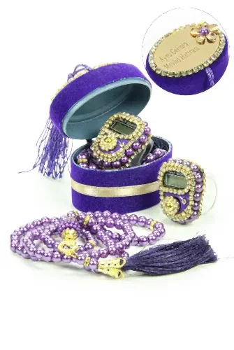 İsme Özel Kadife Kutusunda Zikirmatik ve İnci Tesbihli Mevlüt Hediye Seti Mor - 1