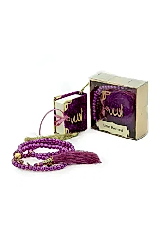 İsme Özel Kutulu İnci Tesbihli Kadife Kaplı Mini Kuran Mevlüt Hediyesi Fuşya 