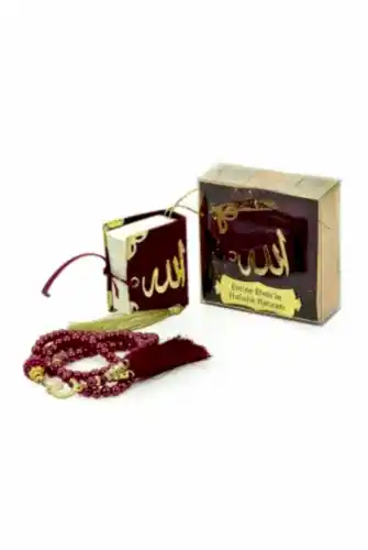 İsme Özel Kutulu İnci Tesbihli Kadife Kaplı Mini Kuran Mevlüt Hediyesi Kırmızı 