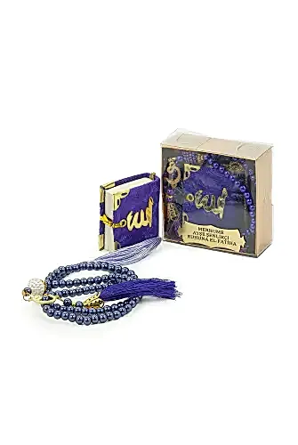 İsme Özel Kutulu İnci Tesbihli Kadife Kaplı Mini Kuran Mevlüt Hediyesi Mor 