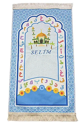 İsme Özel Nakış İşlemeli Camili ve Arapça Alfabeli Çocuk Seccadesi Mavi - 1