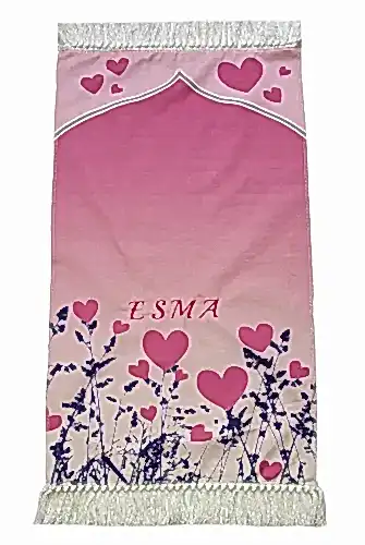 İsme Özel Nakış İşlemeli Kalpli Çocuk Seccadesi Pembe - 1