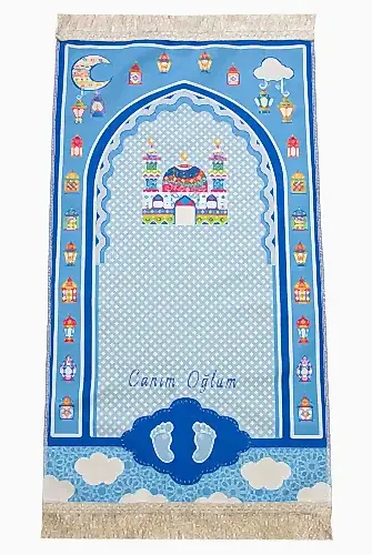 İsme Özel Nakışlı Ramazan Temalı Çocuk Seccadesi Mavi 