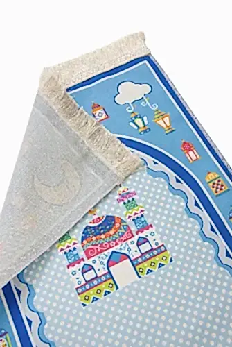 İsme Özel Nakışlı Ramazan Temalı Çocuk Seccadesi Mavi - ihvanonline (1)