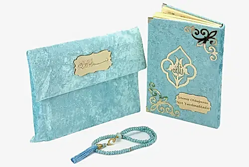 İsme Özel Pleksi Desenli Kadife Kaplı Keseli Tesbihli Hediyelik Orta Arapça Kuranı Kerim Mavi 