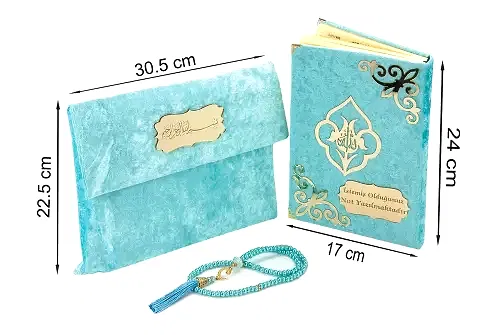 İsme Özel Pleksi Desenli Kadife Kaplı Keseli Tesbihli Hediyelik Orta Arapça Kuranı Kerim Mavi - ihvanonline (1)